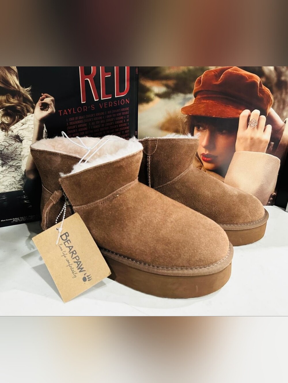 BearPaw Tan Suede Shearling Platform Ankle Boots - Picture 2 of 8